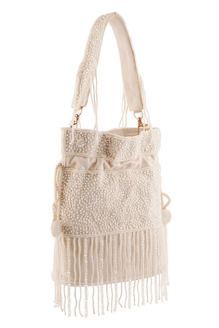 Buy_A Clutch Story_Ivory Beads, Fringe, Tassels Chandrika Embellished Potli _Online_at_Aza_Fashions