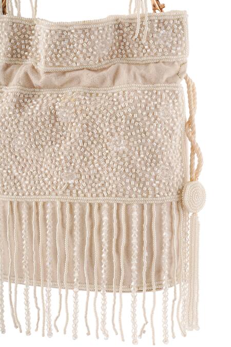 A Clutch Story_Ivory Beads, Fringe, Tassels Chandrika Embellished Potli _at_Aza_Fashions