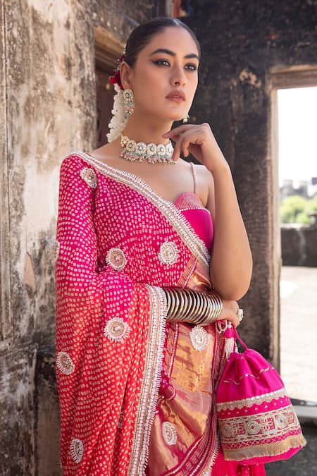 Buy_Amoree by Shikha Chaudhry_Pink , , Embroidery, Rani Sa Pleated Lehenga Set _Online_at_Aza_Fashions