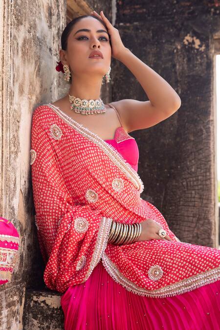 Shop_Amoree by Shikha Chaudhry_Pink , , Embroidery, Rani Sa Pleated Lehenga Set _Online_at_Aza_Fashions