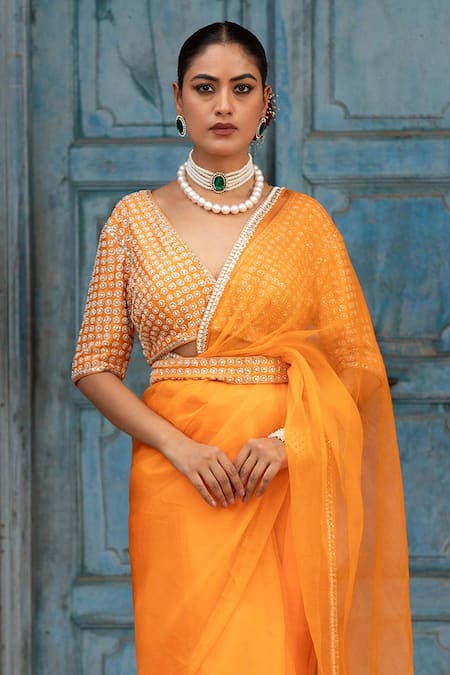 Amoree india_Orange Organza, Silk, Chanderi Zari, Beads, Border Embroidered Saree With Blouse _Online_at_Aza_Fashions