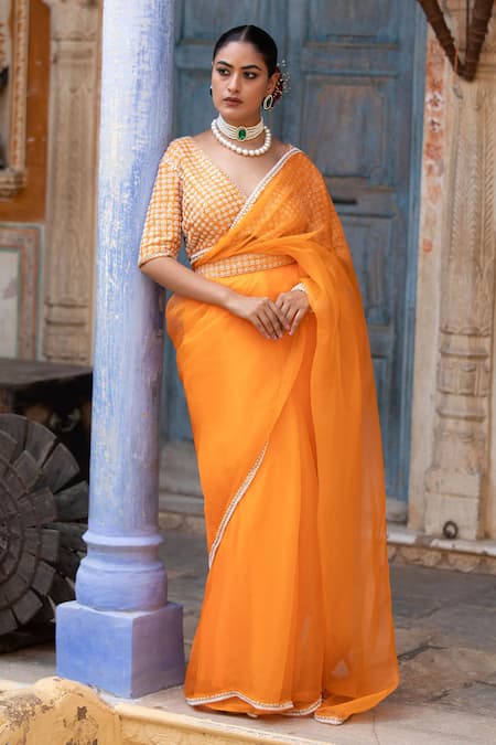 Buy_Amoree india_Orange Organza, Silk, Chanderi Zari, Beads, Border Embroidered Saree With Blouse _Online_at_Aza_Fashions