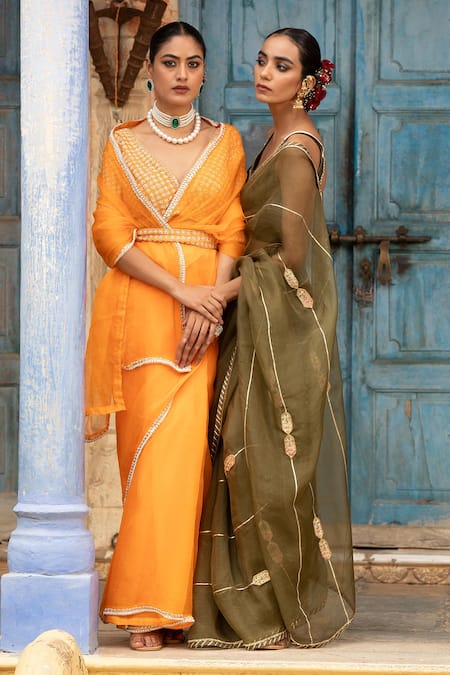Amoree india_Orange Organza, Silk, Chanderi Zari, Beads, Border Embroidered Saree With Blouse _at_Aza_Fashions