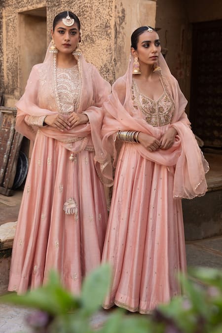 Buy_Amoree by Shikha Chaudhry_Peach Chanderi Silk, Silk, Chanderi, Organza Masakali Marodi Anarkali Set _Online_at_Aza_Fashions