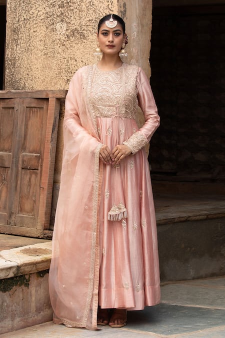 Shop_Amoree by Shikha Chaudhry_Peach Chanderi Silk, Silk, Chanderi, Organza Masakali Marodi Anarkali Set _Online_at_Aza_Fashions