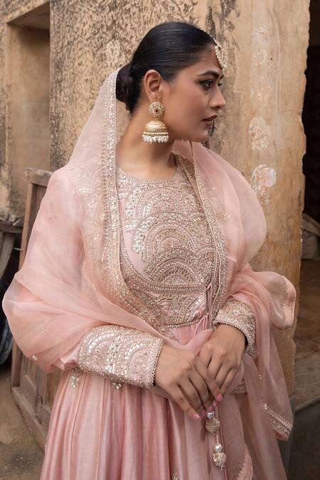 Amoree by Shikha Chaudhry_Peach Chanderi Silk, Silk, Chanderi, Organza Masakali Marodi Anarkali Set _at_Aza_Fashions