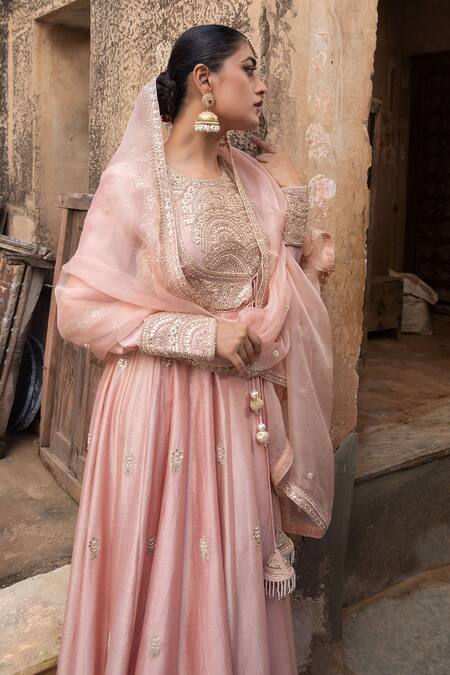 Buy_Amoree by Shikha Chaudhry_Peach Chanderi Silk, Silk, Chanderi, Organza Masakali Marodi Anarkali Set 