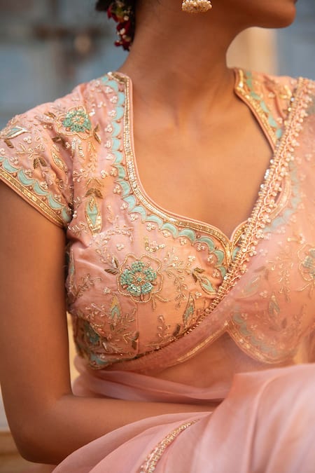 Amoree india Peach Organza Applique, Beads, Sequins, Zari, Blossom Saree With Blouse Online at Aza Fashions Amoree india_Peach Organza Applique, Beads, Sequins, Zari, Blossom Saree With Blouse _Online_at_Aza_Fashions