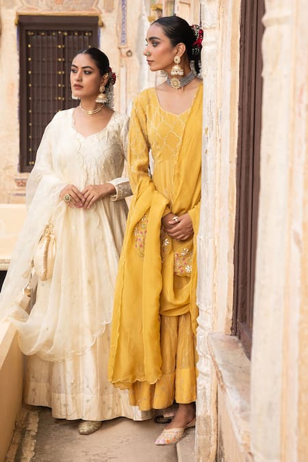 Amoree by Shikha Chaudhry_Mustard Chanderi Silk, Organza Gota Patti, Embroidery Harvest Anarkali Set _Online_at_Aza_Fashions