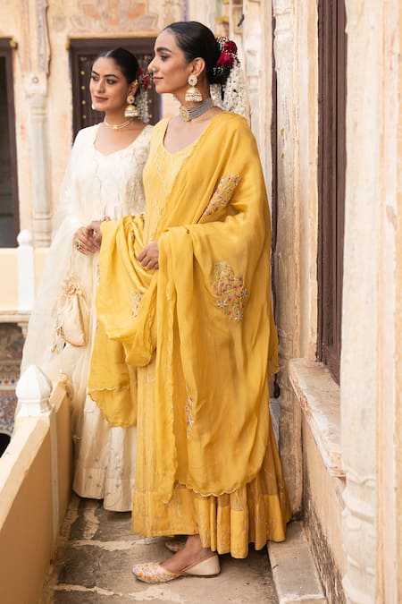 Buy_Amoree by Shikha Chaudhry_Mustard Chanderi Silk, Organza Gota Patti, Embroidery Harvest Anarkali Set _Online_at_Aza_Fashions