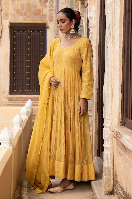 Amoree by Shikha Chaudhry_Mustard Chanderi Silk, Organza Gota Patti, Embroidery Harvest Anarkali Set _at_Aza_Fashions