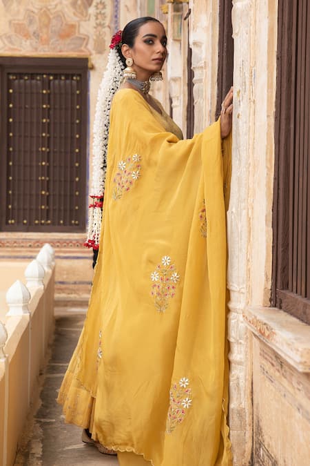 Buy_Amoree by Shikha Chaudhry_Mustard Chanderi Silk, Organza Gota Patti, Embroidery Harvest Anarkali Set 