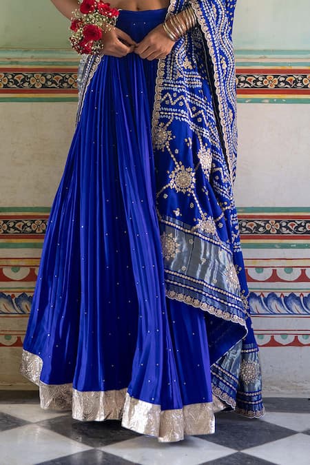Amoree by Shikha Chaudhry_Blue Chanderi, Silk Tassels, Embroidery, Pearls, Gota Patti, Zari Lehenga Set _Online_at_Aza_Fashions
