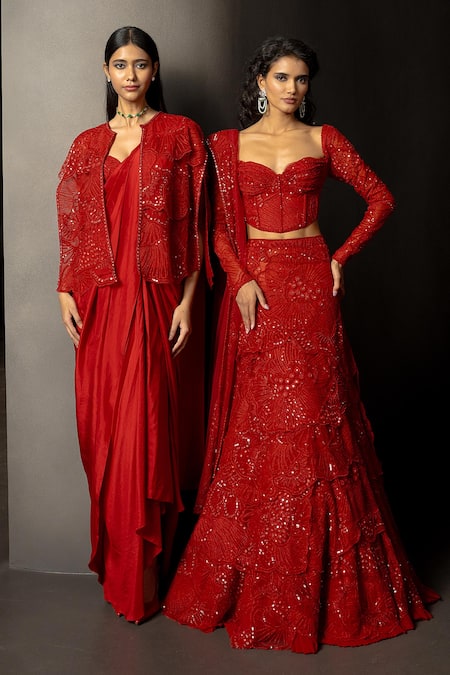 Shop_Mishru_Red Silk Sweetheart Neck, Rubira Embroidered Pre-draped Saree Set _Online_at_Aza_Fashions