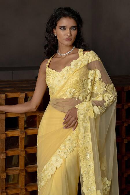 Mishru_Yellow Tulle, Lycra, Satin Sequins, Fabric Solara Floral Embroidered Saree Set _Online_at_Aza_Fashions
