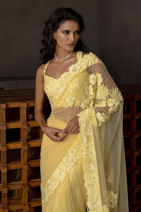 Buy_Mishru_Yellow Tulle, Lycra, Satin Sequins, Fabric Solara Floral Embroidered Saree Set _Online_at_Aza_Fashions
