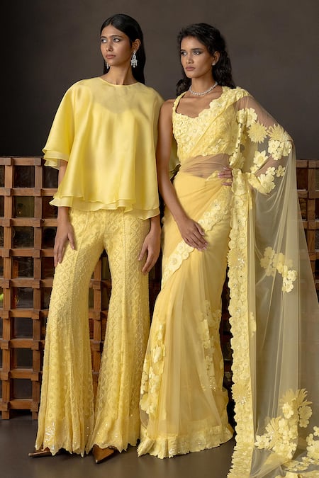 Shop_Mishru_Yellow Tulle, Lycra, Satin Sequins, Fabric Solara Floral Embroidered Saree Set _Online_at_Aza_Fashions