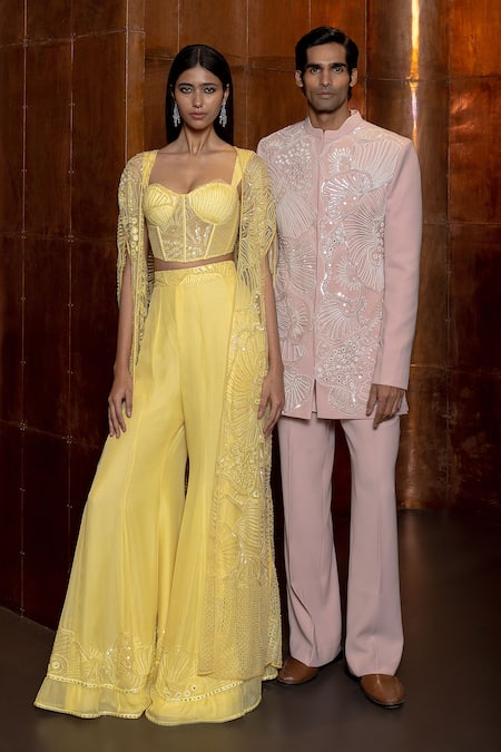 Buy_Mishru_Yellow Tulle, Organza Sequins, Embroidery Aurelia Embellished Corset And Pant Set _Online_at_Aza_Fashions