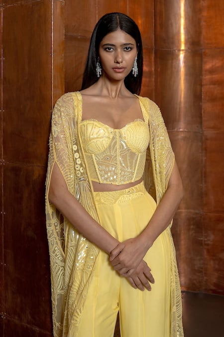 Shop_Mishru_Yellow Tulle, Organza Sequins, Embroidery Aurelia Embellished Corset And Pant Set _Online_at_Aza_Fashions