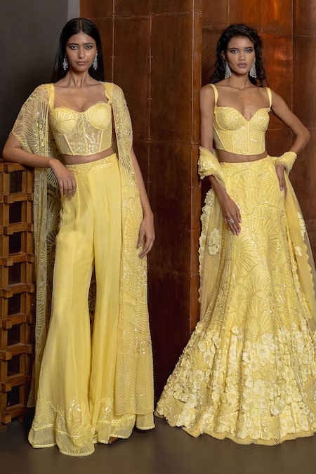 Mishru_Yellow Tulle, Organza Sequins, Embroidery Aurelia Embellished Corset And Pant Set _at_Aza_Fashions