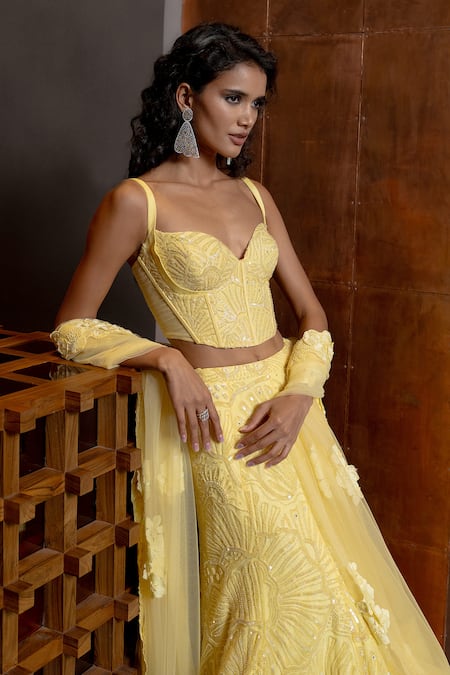 Mishru_Yellow Tulle Sequins, Embroidery, Heliora Floral Applique Corset Lehenga Set _Online_at_Aza_Fashions