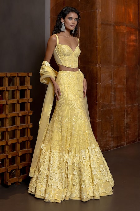 Buy_Mishru_Yellow Tulle Sequins, Embroidery, Heliora Floral Applique Corset Lehenga Set _Online_at_Aza_Fashions