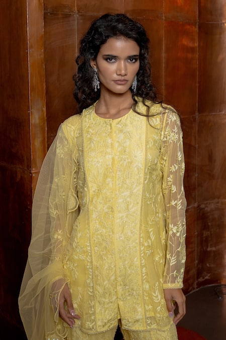 Shop_Mishru_Yellow Chiffon, Silk, Tulle Embroidery Round Neck Canarie Kurta Sharara Set _Online_at_Aza_Fashions