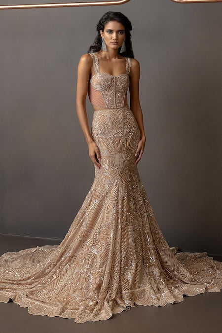 Mishru_Brown Tulle Sequins, Embroidery, Metallic Orelis Embellished Corset Skirt Set _Online_at_Aza_Fashions