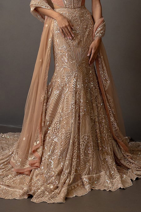 Buy_Mishru_Brown Tulle Sequins, Embroidery, Metallic Orelis Embellished Corset Skirt Set _Online_at_Aza_Fashions