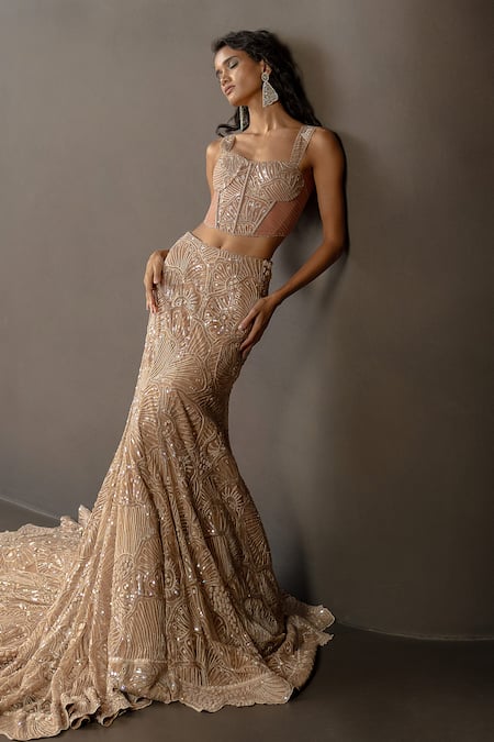 Shop_Mishru_Brown Tulle Sequins, Embroidery, Metallic Orelis Embellished Corset Skirt Set _Online_at_Aza_Fashions