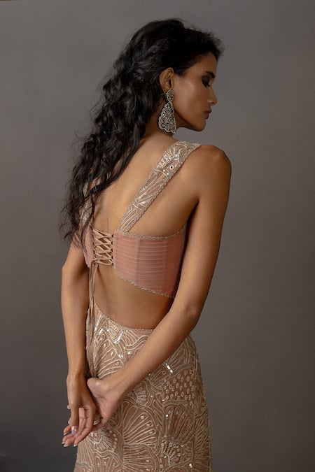 Mishru_Brown Tulle Sequins, Embroidery, Metallic Orelis Embellished Corset Skirt Set _at_Aza_Fashions