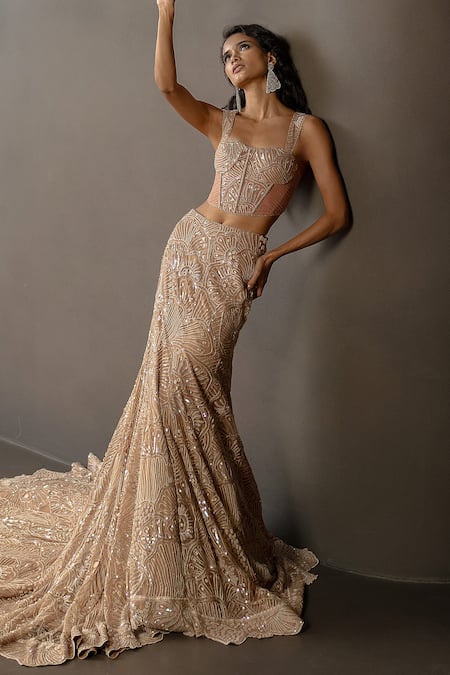 Buy_Mishru_Brown Tulle Sequins, Embroidery, Metallic Orelis Embellished Corset Skirt Set 