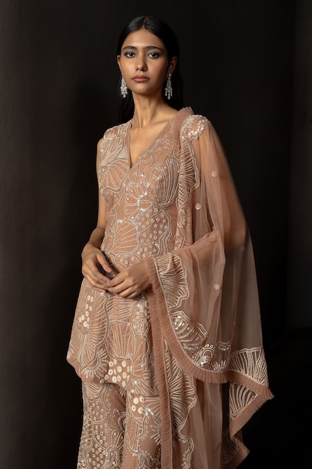 Mishru_Brown Tulle Embroidery, Sequins, Zari, Metallic Avisa Short Kurta Sharara Set _Online_at_Aza_Fashions