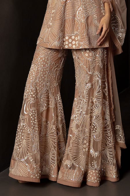Buy_Mishru_Brown Tulle Embroidery, Sequins, Zari, Metallic Avisa Short Kurta Sharara Set _Online_at_Aza_Fashions
