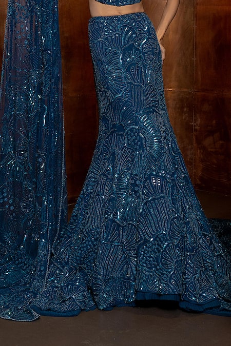 Buy_Mishru_Navy Tulle Sequins, Beads, Embroidery Corallia Embellished Corset Skirt Set _Online_at_Aza_Fashions