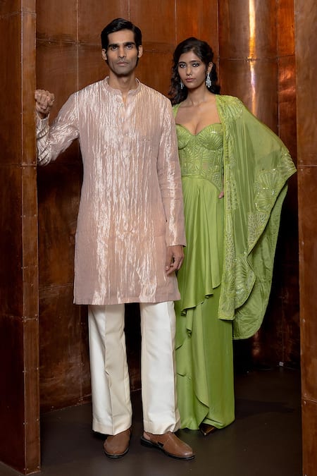 Mishru_Green Tulle, Satin Sequins, Embroidery Miren Cape, Corset And Draped Skirt Set _Online_at_Aza_Fashions