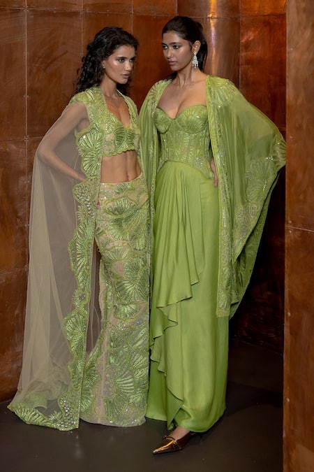 Shop_Mishru_Green Tulle, Satin Sequins, Embroidery Miren Cape, Corset And Draped Skirt Set _Online_at_Aza_Fashions