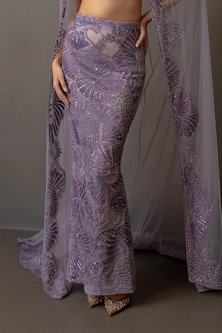 Mishru_Lavender Tulle Sequins, Embroidery, Metallic Thread V-neck Serin Cape Skirt Set _Online_at_Aza_Fashions