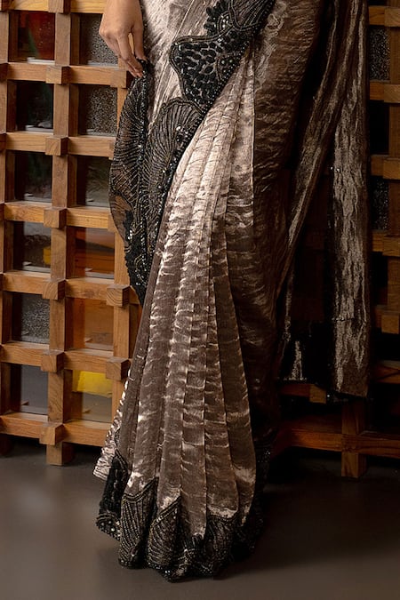 Mishru_Brown Tissue, Tulle, Lycra, Satin Sequins, Astrea Embellished Saree With Blouse  _Online_at_Aza_Fashions