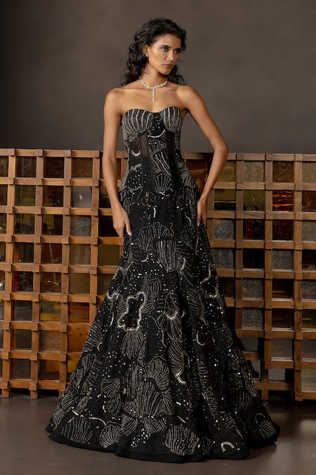 Buy_Mishru_Black Tulle Sequins, Beads, Embroidery Zoelle Embellished Corset Lehenga Set _Online_at_Aza_Fashions