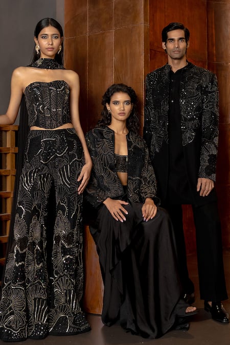 Buy_Mishru_Black Organza, Satin Sequins, Embroidery Sweetheart Marina Jacket Skirt Set _Online_at_Aza_Fashions
