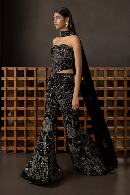 Mishru_Black Tulle, Chiffon Sequins, Beads, Embroidery Ivara Corset, Pant And Dupatta _at_Aza_Fashions