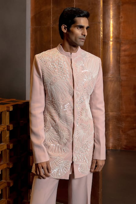 Shop_Mishru_Pink Crepe, Cotton Sequins, Beads Lucen Embroidered Bandgala Set _Online_at_Aza_Fashions