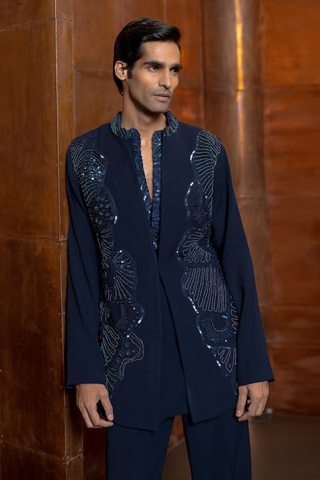 Mishru_Navy Cotton, Crepe Sequins, Beads Triton Embellished Bundi Kurta Set _Online_at_Aza_Fashions