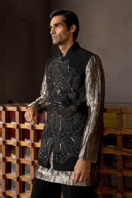 Buy_Mishru_Black Crepe, Tissue Sequins, Beads Pelorus Embroidered Bundi Kurta Set _Online_at_Aza_Fashions