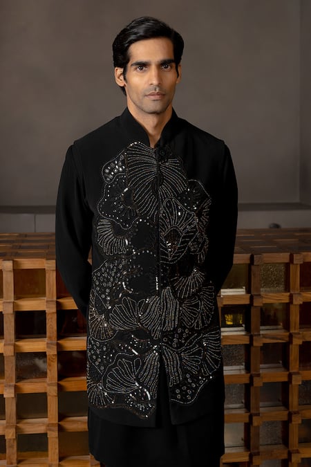 Buy_Mishru_Black Crepe, Cotton Sequins, Beads Nereus Embellished Bundi Kurta Set _Online_at_Aza_Fashions