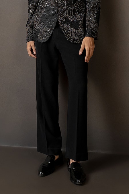 Mishru_Black Crepe, Cotton Sequins, Beads, Embroidery Acanthus Bandhgala Set _Online_at_Aza_Fashions