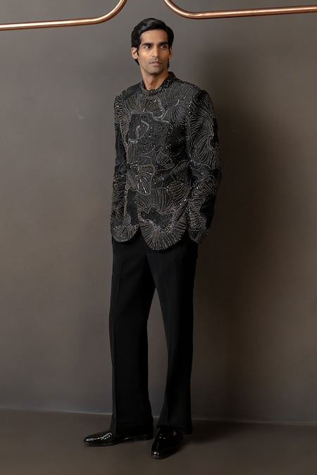 Buy_Mishru_Black Crepe, Cotton Sequins, Beads, Embroidery Acanthus Bandhgala Set _Online_at_Aza_Fashions