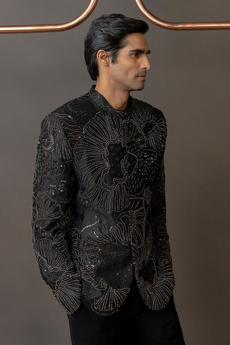 Shop_Mishru_Black Crepe, Cotton Sequins, Beads, Embroidery Acanthus Bandhgala Set _Online_at_Aza_Fashions