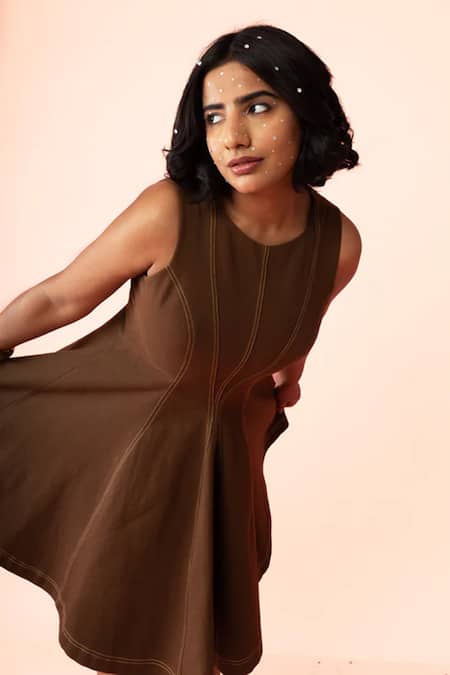 Pocket Stories Brown Sleeveless Corset-Inspired Dress 